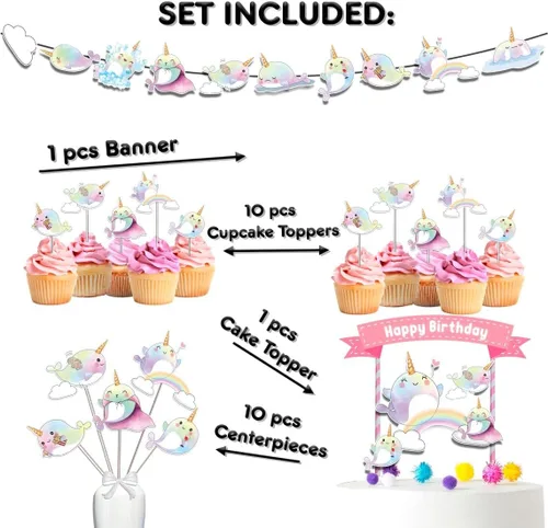 Miniatura 2 de Juego de decoraciones de fiesta de cumpleaños de Narwhal, tema mágico bajo el mar con decoración de pastel, pancarta, centros de mesa para niñas