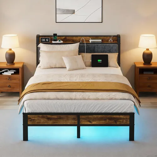 Miniatura 10 de PROTEA Base de cama de tamaño individual con luces LED y estación de carga, cabecera tapizada con almacenamiento, plataforma resistente con listones