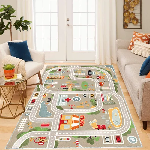 Miniatura 9 de Alfombra de juegos para niños, alfombra de juego para autos de juguete y trenes, alfombra de área de juegos con respaldo de goma, alfombra