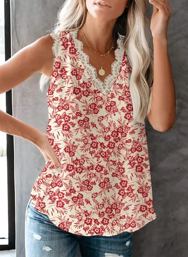 Miniatura 60 de VIISHOW - Camiseta sin mangas, sexy, con cuello en V y bordes de encaje para mujer, camisola de vestir, camisas de gasa, sin mangas, casuales