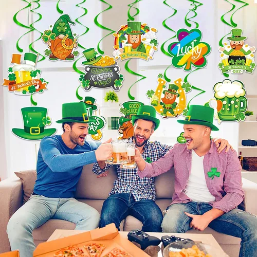 Miniatura 7 de Decoraciones de fiesta del día de San Patricio, guirnalda de serpentinas - 12 piezas de pancarta verde decoración de trébol Gonme sombrero colgante