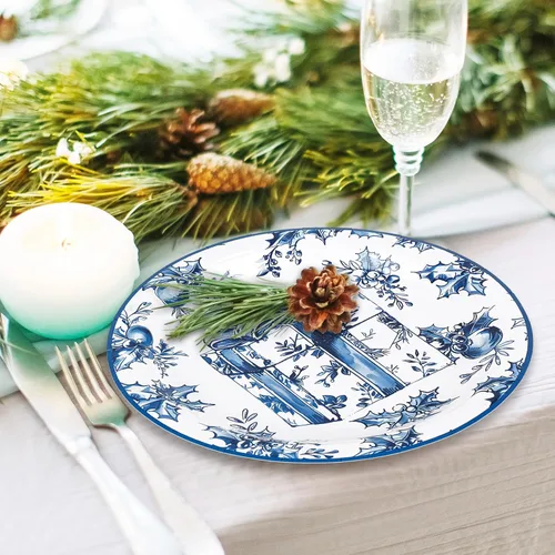 Miniatura 6 de Whaline 40 platos de papel de Navidad, 4 diseños, chinoiserie de porcelana azul y blanca, árbol de Navidad, platos desechables de Papá Noel, vajilla