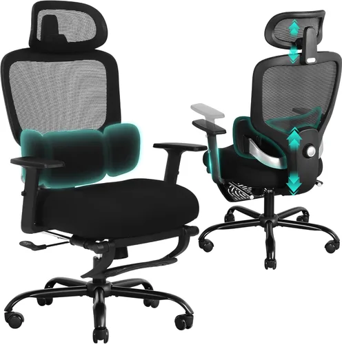 Silla de oficina ergonómica con reposapiés, silla de escritorio de malla con reposacabezas y reposabrazos ajustables y soporte lumbar dinámico Rosa
