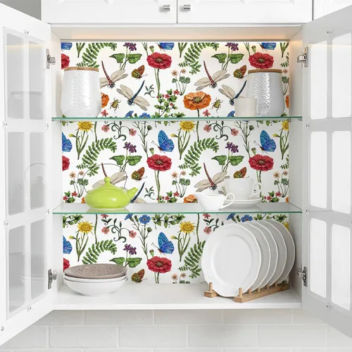 Miniatura 3 de VaryPaper Papel tapiz floral brillante de 17.7 x 78.7 pulgadas, para pegar y despegar, papel tapiz bohemio de hojas de musgo, libélula, mariposa