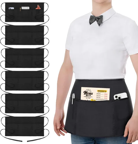 Miniatura 9 de Paquete de 3 delantales de cintura – Delantales de servidor con 3 bolsillos – Delantal de camarera resistente al agua y al aceite – Delantal negro