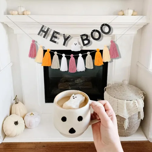 Miniatura 4 de Hey Boo - Pancarta con borlas de fantasma, pancarta de borla de fantasma para Halloween, decoración del hogar de Halloween, pancarta de fantasma