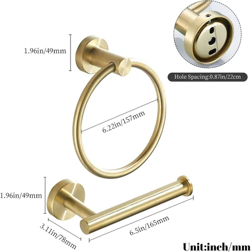 Miniatura 7 de Soporte para papel higiénico, anillo de toalla de baño dorado cepillado, soporte para toallas de mano, accesorios de baño, montaje en pared, acero