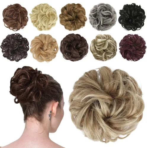 Miniatura 46 de FESHFEN Pieza de Cabello de Moño Desordenado - Extensiones Elásticas Onduladas Rizadas de Moño Scrunchies Sintético Chignon Postizos para Mujeres