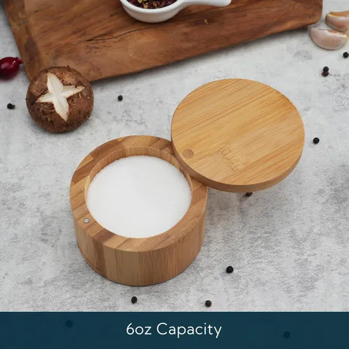 Miniatura 2 de KITCHENDAO Caja de cuenco de sal de bambú, elegante contenedor soporte de cocina con tapa magnética giratoria para almacenar pimienta, especias