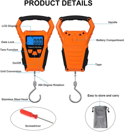 Miniatura 5 de ZHL - Báscula de pesca impermeable con regla báscula de equipaje gancho para colgar peso pantalla LCD retroiluminada de 1102lbs Bolsa Waterprof y 2
