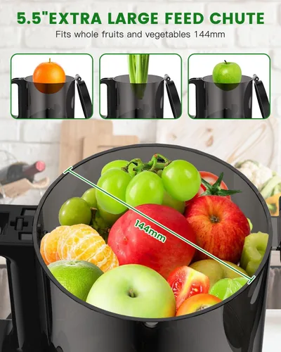 Miniatura 5 de Exprimidor de prensa en frío - Máquinas exprimidoras lentas con canal de alimentación de 5.5 pulgadas, exprimidor masticador para frutas y verduras