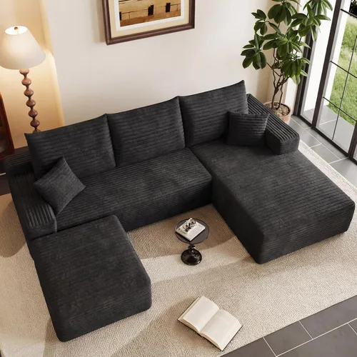Miniatura 4 de Sofá modular Cloud de 95 pulgadas con otomana, moderno sofá nube en forma de U con asiento profundo, cómodo sofá de pana de 3 plazas, sofá de espuma