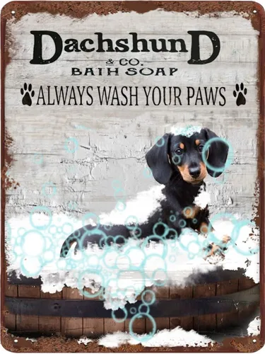 Dachshund & Co. - Letrero de lata vintage de jabón de baño con texto en inglés "Wash Your Paws", cartel de metal con texto en inglés "Wash Your
