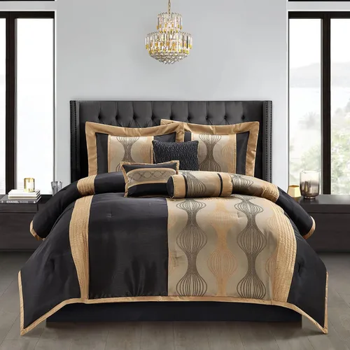 Grand Avenue - Juego elegante de edredón negro y dorado, a rayas, 7 piezas de juego de cama de jacquard con edredón para todas las estaciones,