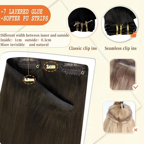 Miniatura 5 de Full Shine Extensiones de cabello humano con clip, sin costuras, color marrón oscuro, 18 pulgadas, con clip, invisible, trama de poliuretano
