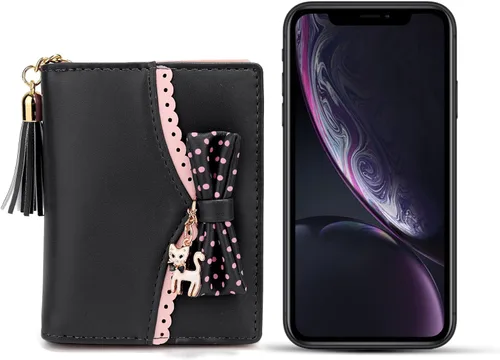 Miniatura 6 de UTO Cartera para niñas de piel sintética con colgante de gato con borla y cremallera, organizador de tarjetas para mujer, pequeño y lindo monedero