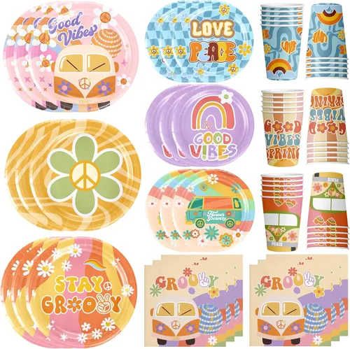 Juego de vajilla de 120 piezas para fiesta de estilo bohemio hippie con margaritas que incluye platos, servilletas y tazas para decoración de fiesta