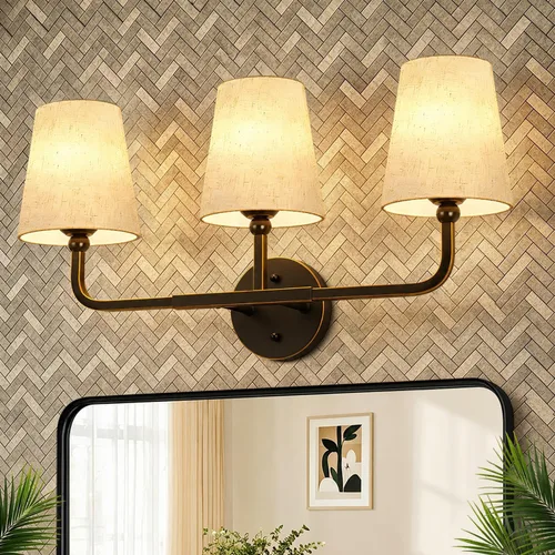 Miniatura 11 de MOKATNG Lámparas de baño, 3 luces doradas cepilladas, accesorios de iluminación de baño sobre espejo con pantalla de tela blanca acampanada