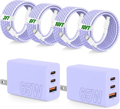 Miniatura 12 de USB C de carga súper rápida de 65 W para iPhone 17 16 Pro Max, bloque de carga USB C de 3 puertos de 100 W PD y cable trenzado tipo C de 3/6/6/10