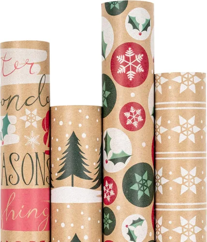 Miniatura 11 de RUSPEPA - Papel para envolver regalos de Navidad, papel kraft café con impresión de elementos navideños negros - 4 rollos de 30 pulgadas x 10 pies