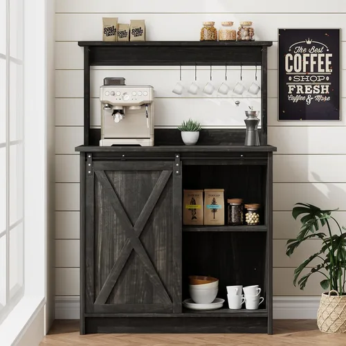 Miniatura 19 de 4ever2buy Barra de café de granja con gabinete, gabinete de buffet de 31 pulgadas con puerta corrediza de granero, armario de barra de Gris