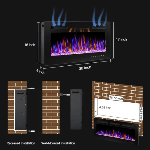 Miniatura 4 de BETELNUT Chimenea eléctrica de 30 pulgadas montada en la pared y empotrada con control remoto, calentador de chimenea de pared ultrafino