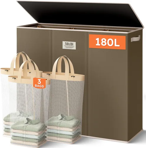 Miniatura 13 de SOLEDI Cesta de ropa sucia de 180L de 3 secciones, cesta de ropa sucia extra grande con tapa, cesta de ropa sucia con asa resistente, organizador