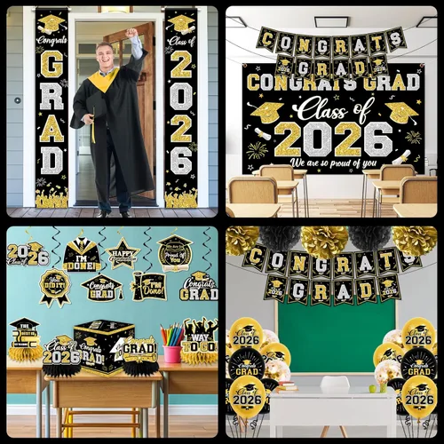 Miniatura 4 de Decoraciones de graduación de clase de 2026, decoraciones de graduación negras y doradas con pancarta de felicitaciones, telón de fondo, letrero