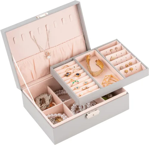 Smileshe Joyero para mujeres y niñas, organizador de piel sintética con cerradura, 2 capas extraíbles de almacenamiento de viaje para anillos,