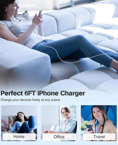 Miniatura 8 de Cargador para iPhone 17 y 16, carga rápida, tipo C, 20 W, USB C, bloque para iPad, con cable USB-C tejido de 6 pies, sincronización de datos de 60 W