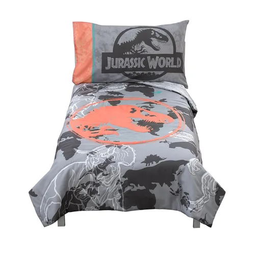 Miniatura 10 de NoJo Universal Jurassic World Into The Wild Grey - Juego de cama infantil de 4 piezas, color gris, blanco, naranja y aguamarina T. Rex - edredón