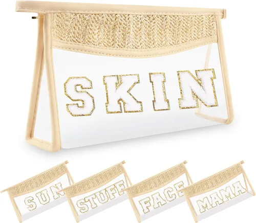 Miniatura 9 de Pequeñas bolsas de maquillaje transparentes de paja bohemia para mujeres y niñas, bolsa de cosméticos con cremallera de chenilla, bolsa de parche