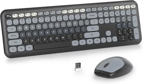 Miniatura 13 de Combo de teclado y mouse inalámbricos de 104 teclas, tamaño completo, color azul con teclas redondas silenciosas, ideal para portátiles y Azul blanco