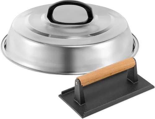 BBQ Accessories - Cubierta redonda de acero inoxidable de 12 pulgadas, cúpula de fusión de queso, kit de prensa rectangular de hierro fundido para