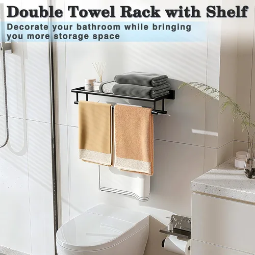 Miniatura 6 de Alise - Toallero de baño con dos barras para toallas y estante, para colgar en la pared, acero inoxidable, SUS 304 Negro mate