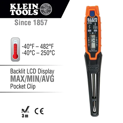Miniatura 2 de Termómetro de bolsillo digital Klein Tools ET05, termómetro de lectura instantánea HVAC con pantalla retroiluminada, amplio rango de medición