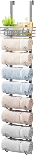 Miniatura 9 de HapiRm Toalleros para almacenamiento de baño, 3 niveles sobre la puerta y montaje en pared, organizador de toallas enrollado con cesta de estante