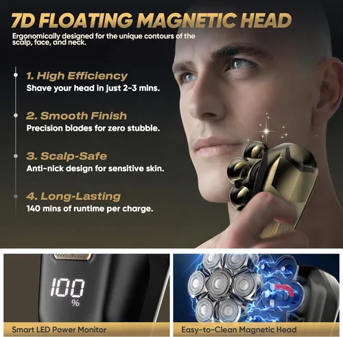 Miniatura 3 de Afeitadoras de cabeza para hombres calvos, maquinilla de afeitar eléctrica con cabezales magnéticos 7D, kit de recortadora de cabeza calva Negro