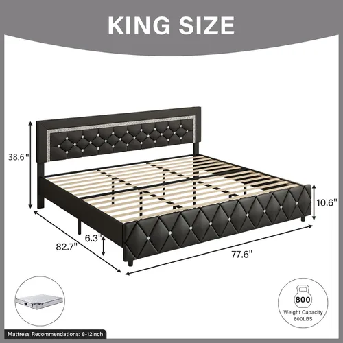 Miniatura 2 de BarnFurin Base de cama y cabecero tamaño King, cama tapizada de piel sintética con diseño capitoné de diamante, base de cama de plataforma moderna