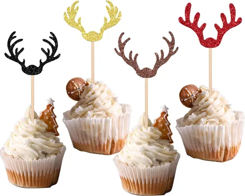Miniatura 25 de 24 piezas de adornos para cupcakes de Navidad dorados verdes y rojos con purpurina, Papá Noel, árbol de Navidad, adornos para cupcakes para el tema