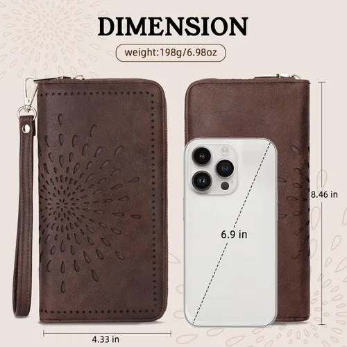Miniatura 7 de APHISON Billetera para mujer, gran capacidad, monedero, tarjetero, RFID, pulsera, teléfono, cremallera, moneda, bolsillo de viaje