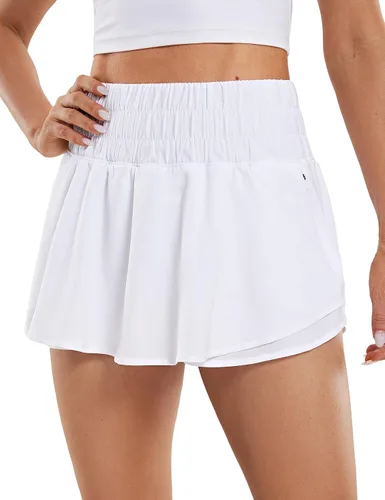 CRZ YOGA Pantalones cortos deportivos para mujer, cintura alta, falda con volantes, superpuesta, entrenamiento, correr, tenis, pantalones cortos con