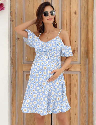 Miniatura 4 de FUNJULY Vestido de lactancia de maternidad para mujer, cuello en V, tirantes delgados, manga con volantes, estampado de margaritas, vestido
