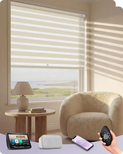Miniatura 15 de Graywind Persianas motorizadas de cebra para ventanas, persianas inteligentes 100 % opacas con control remoto, persianas de cebra personalizadas