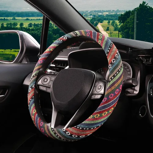 Miniatura 2 de SEG Direct Funda bohemia para volante con tela de manta Baja, cubierta para volante de estilo étnico hecha de lino grueso, se adapta a volantes