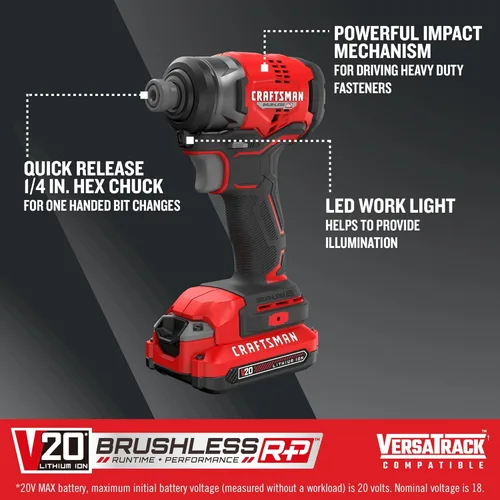 Miniatura 7 de CRAFTSMAN Destornillador de impacto inalámbrico V20, 1/4 de pulgada, batería y cargador incluidos (CMCF813C2)
