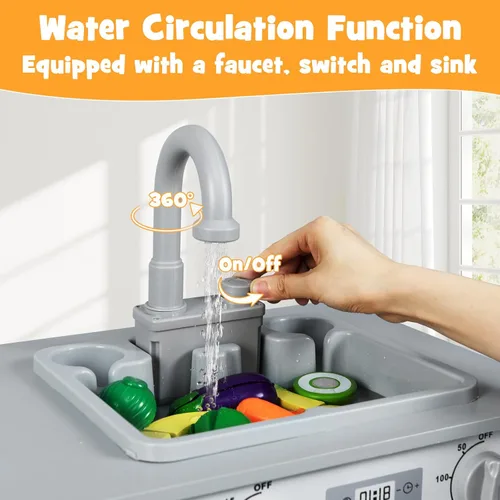 Miniatura 6 de Costzon Juego de cocina para niños, juego modular de madera de 2 piezas con agua corriente, sonido y luz, nevera, lavavajillas, microondas, horno