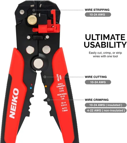 Miniatura 3 de NEIKO 01924A Pinzas autoajustables automáticas de 3 en 1 para pelar, cortar y crimpar cables, corta hasta 10 AWG