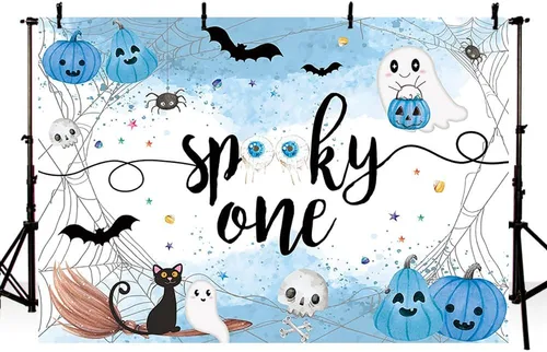 Miniatura 2 de MEHOFOND Fondo espeluznante de Halloween de 7 x 5 pies, fondo azul acuarela Little Boo Baby Shower para niños, telaraña de murciélago, calabaza