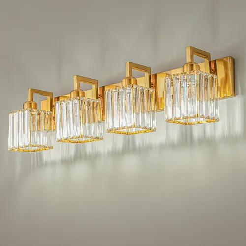 Moderna lámpara de cristal para tocador/pared de baño, de 4 luces, con acabado de latón cepillado color dorado Oro torcido